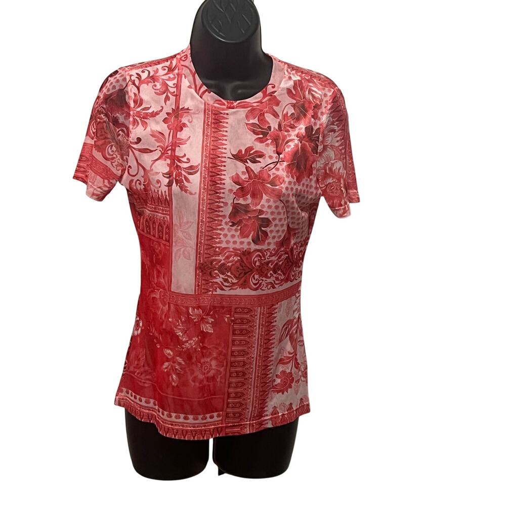 Johnny Was Pink Red Floral Mesh Top Women’s S Short Sleeve Eleanor Boho T16826-1
